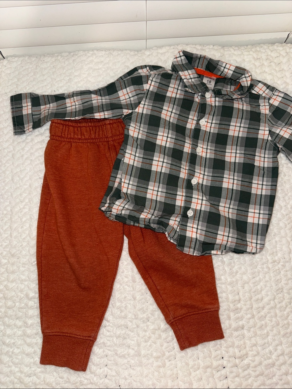 Carter's Plaid Button-Up & Rust Jogger Set - Green, White, Orange, Rust